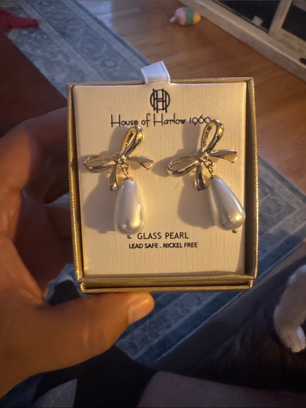 House of Harlow 1960 Gold Bow Drop Earrings with White Pearls